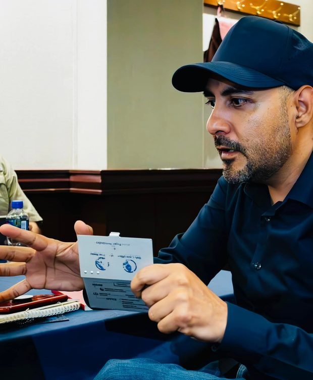 Oscar Onofre en una sesión, explicando con las manos